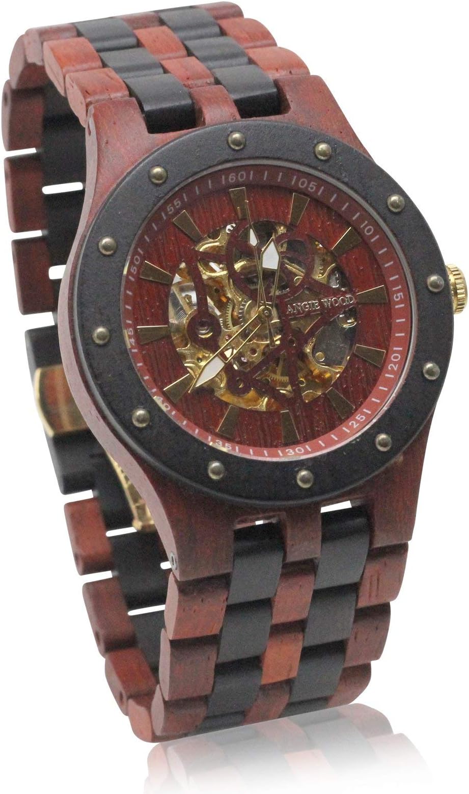 Angie Wood Creations Blood Sandalwood Men’s Self-Winding Watch with Skeleton Display