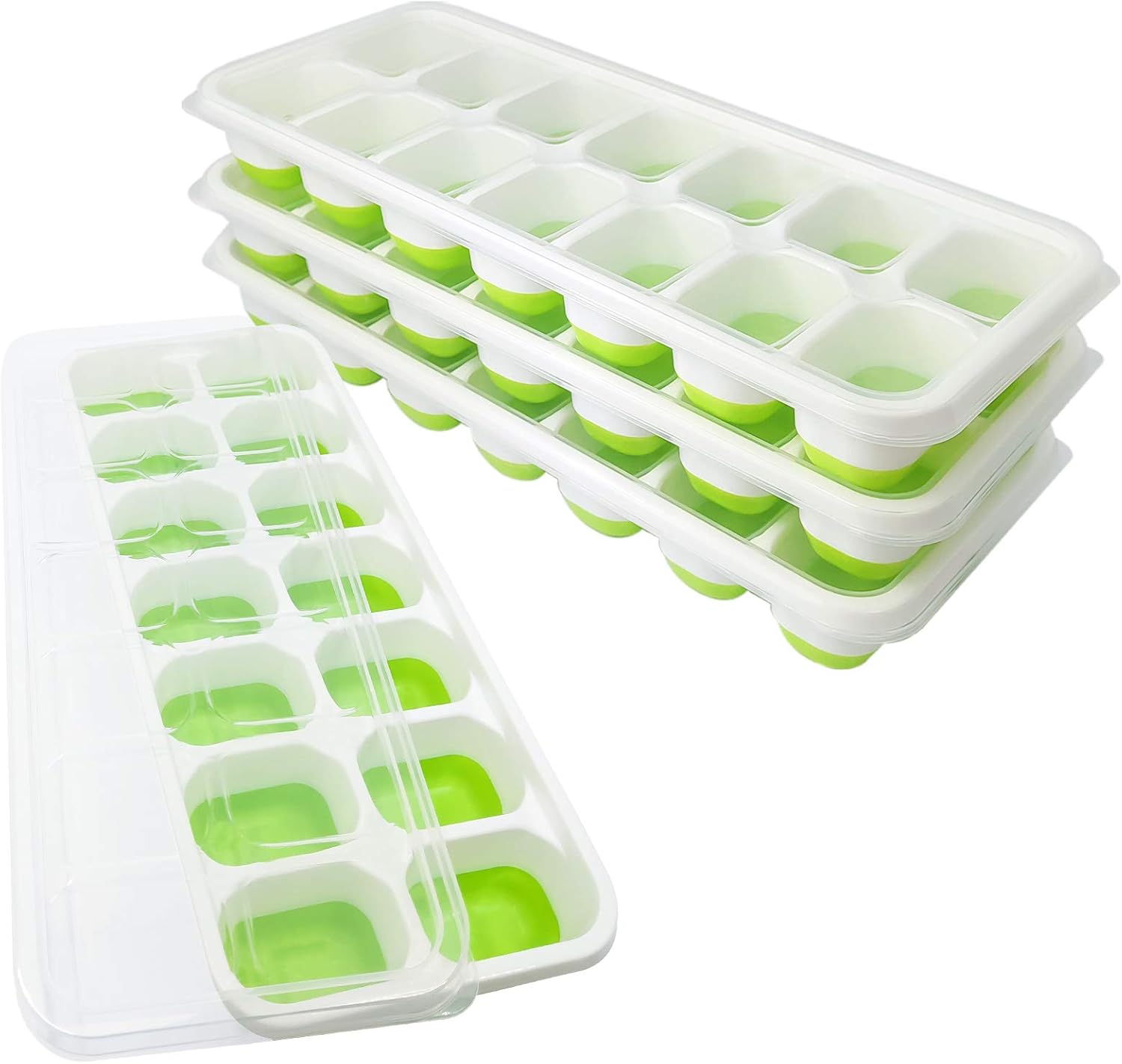 DOQAUS Eiswürfelform Silikon, 14-Fach Eiswürfelbehälter mit Deckel, Silikondichtung Luftdicht & Wasserdicht LFGB Zertifiziert, Stapelbar Eiswürfelschalen Eiswürfel Ice Tray Ice Cube (4er Pack, Grün)