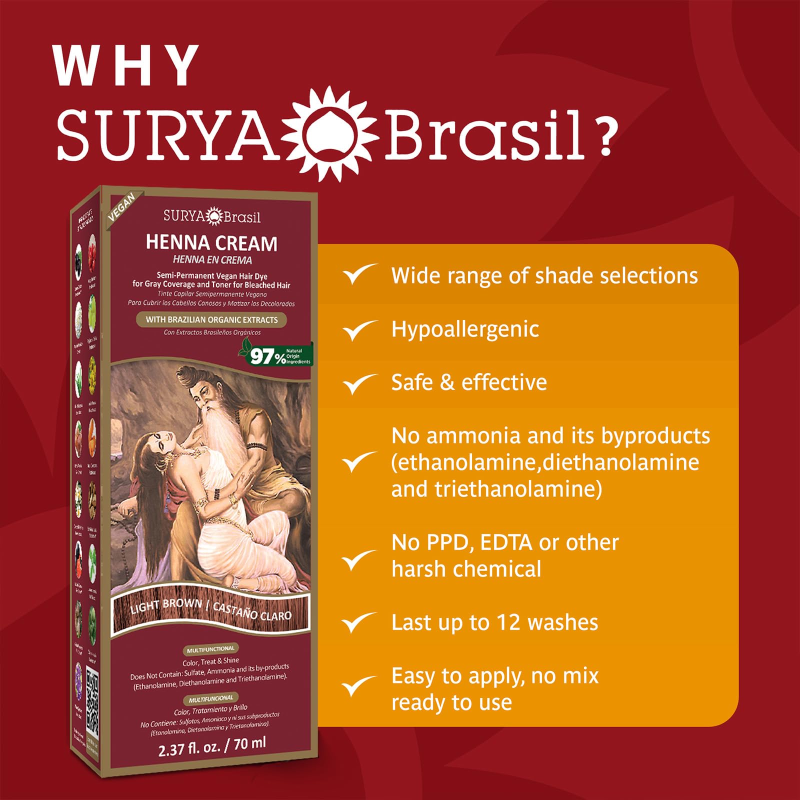 Surya Brasil Light Brown Natural Henna Cream Hair Color Treatment for Gray Hair Coverage, Deep Conditioning Semi Permanent Hair Dye, 2.37 oz / 70 ml