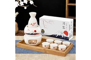 DUJUST 10 pcs Japanese Sake Set with Warmer for 6, Sakura & Fuji Design Porcelain Sake Set, 6 Sake Cups, 1 Bottle, 1 Warmer, 