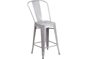 Flash Furniture Commercial Grade 24" High Silver Metal Indoor-Outdoor Counter Height Stool with Removable Back