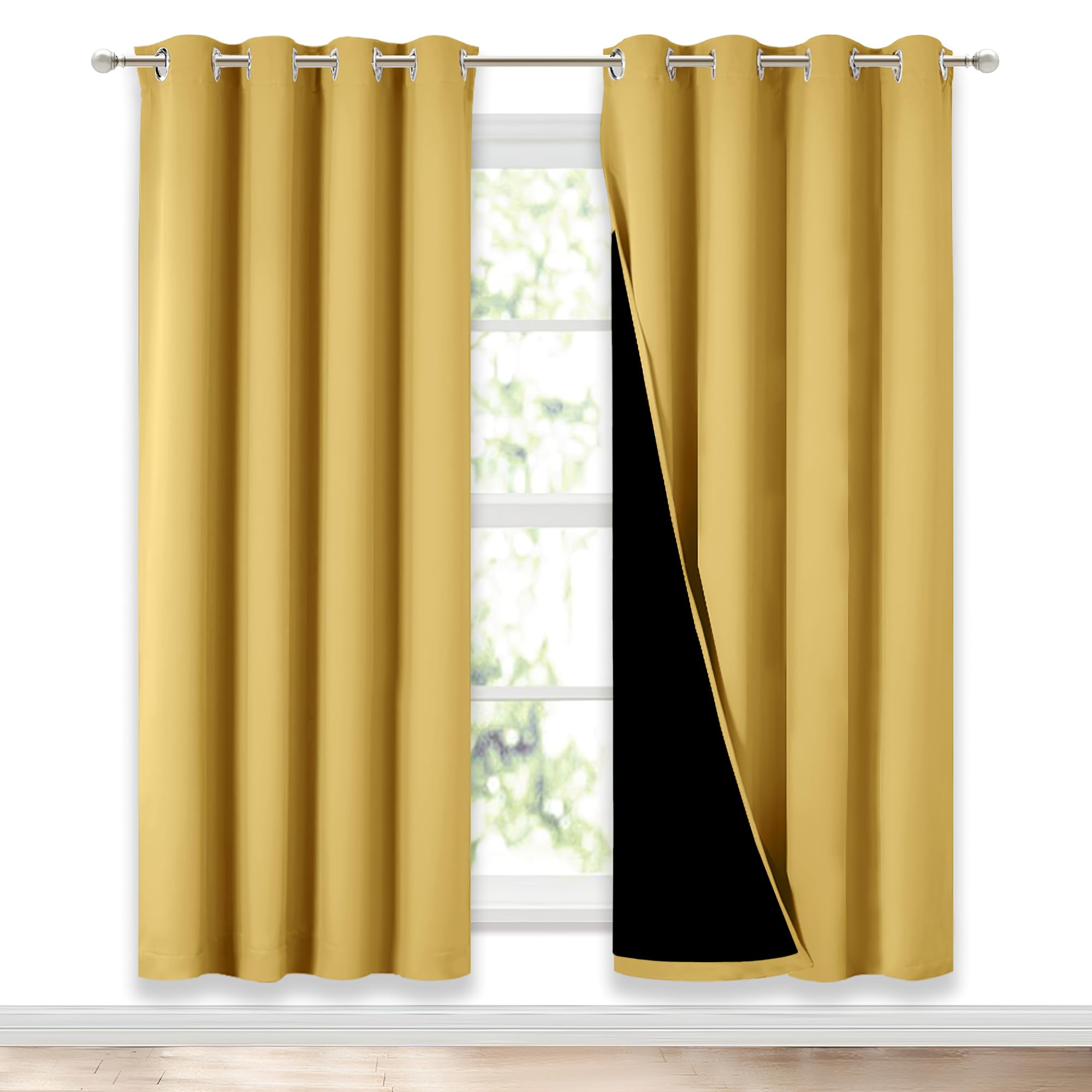 NICETOWN Bright Yellow Full Shade Curtain Panels, Pair of Energy Smart & Noise Blocking Out Blackout Drapes for Dining Room Window, Thermal Insulated Guest Room Lined Window Dressing, 52 x 72 inch Image