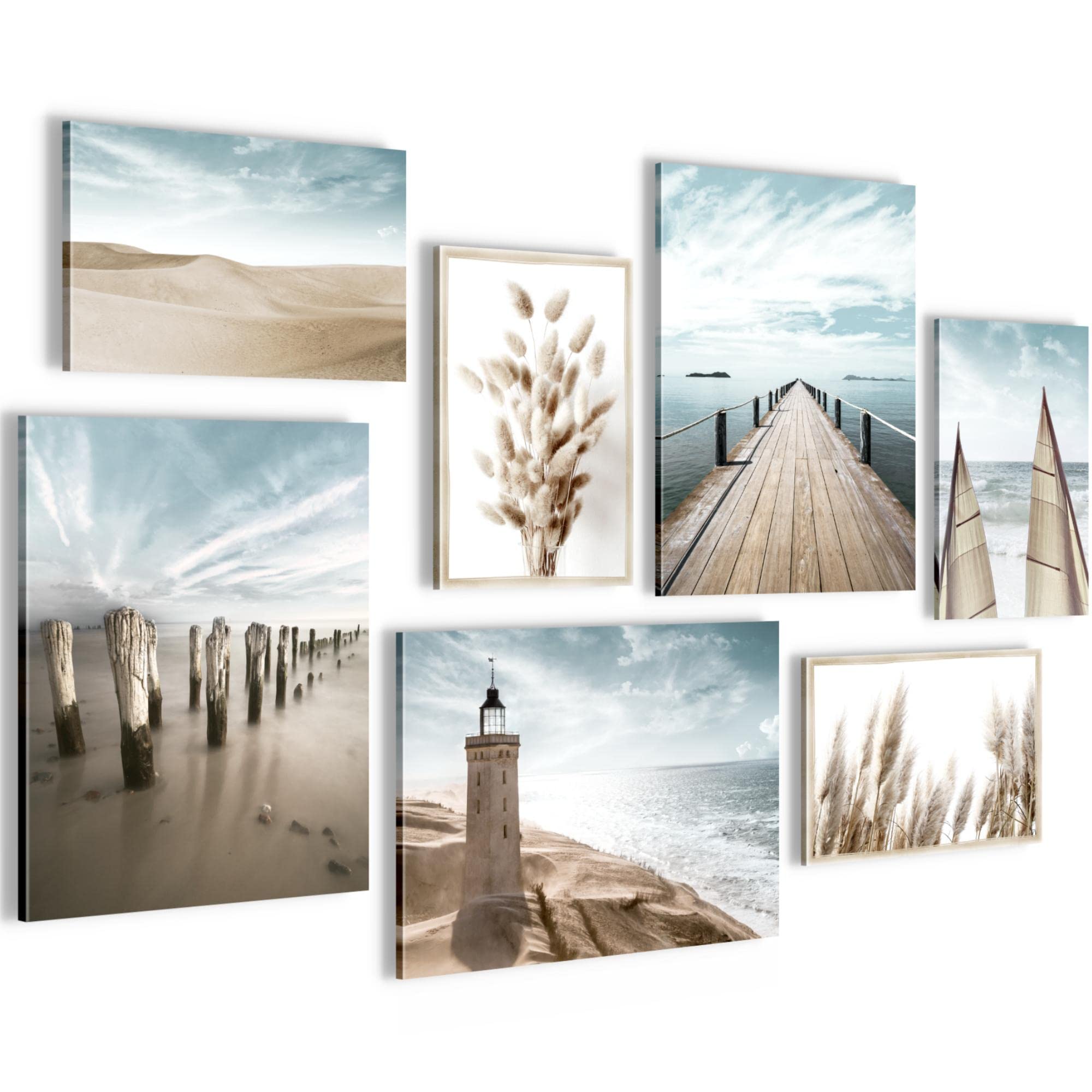 Novart Set of Canvas - COMPLETELY READY TO HANG - Pictures for Wall - Beach sea lighthouse - 7 Pieces - Living Room Bedroom N007171a