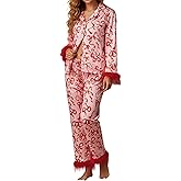 TUWIXIUW Women Silky Valentines Pajamas Feather Heart Print Satin Pj Set Long Sleeve Shirt Pants Fur Trim 2 Piece Sleepwear