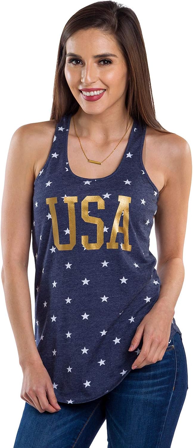 Tipsy Elves Women's Gold Foil USA Shirt - Blue Patriotic USA Tank: Clothing