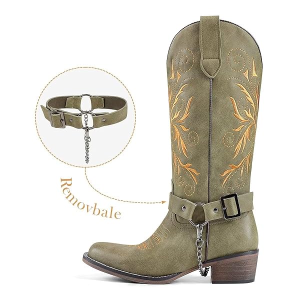 GPXGPX COWBOY BOOTS EMBROIDERED COWGIRL BOOTS WOMEN MID CALF, WITH REMOVABLE BELT LOW BLOCK HEEL ROUND TOE WESTERN BOOTS GREEN 9