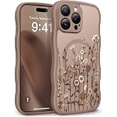 GVIEWIN for iPhone 15 Pro Max Case Compatible with MagSafe | Curly Wave Edge, Full Camera Protection, Floral Translucent, Women Phone Case for 15 Pro Max, Floratopia/Brown
