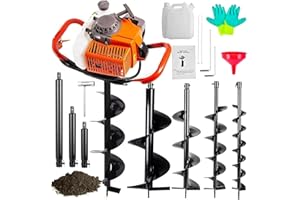 Jacgood Gas Powered 62CC Post Hole Digger for Fence and Planting with 3 Extention （8" 12" & 20" ） and 4 Earth Auger Drill Bits （4" 6" 8" & 12"）