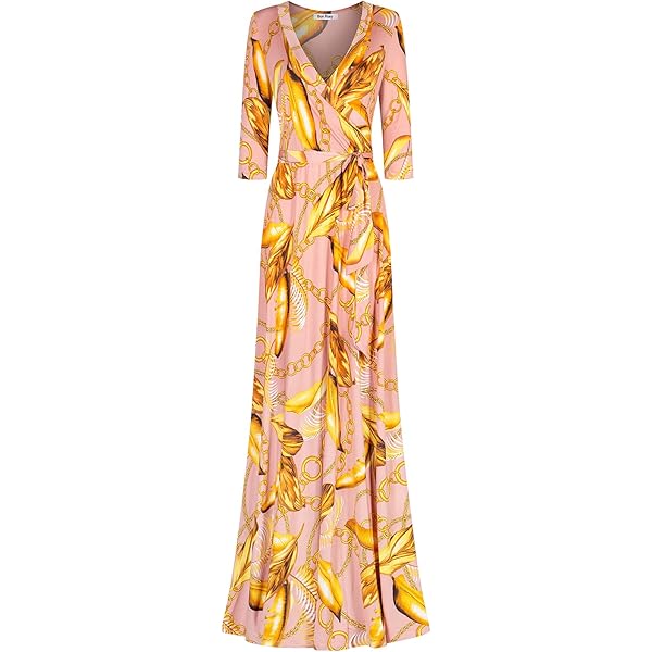 Bon Rosy Women's Silky and Stretchy 3/4 Sleeve Deep V-Neck Floral Printed  Maxi Faux Wrap Dress Black Gold S at Amazon Women's Clothing store