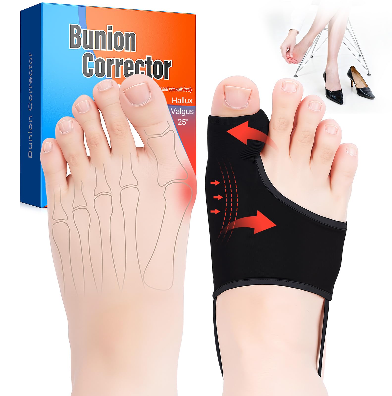 Photo 1 of 2PCS Bunion Corrector for Women & Men - Toe Alignment Corrector with Splint & Pads for Hallux Valgus Pain Relief, Comfortable Toe Separator for Day/Night Support, Anti Slip Big Toe Straightener(Black)