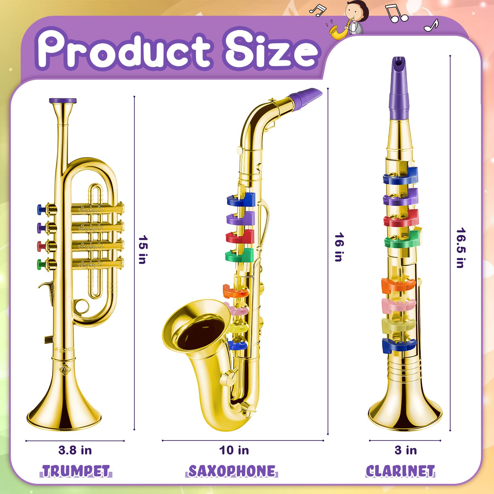 Lewtemi Set of 3 Saxophone for Kids Christmas Musical Instruments Toy Saxophone Toy Trumpet and Clarinet with 8 Colored Coded Keys Teaching Songs Gifts for Toddlers Children(Gold)