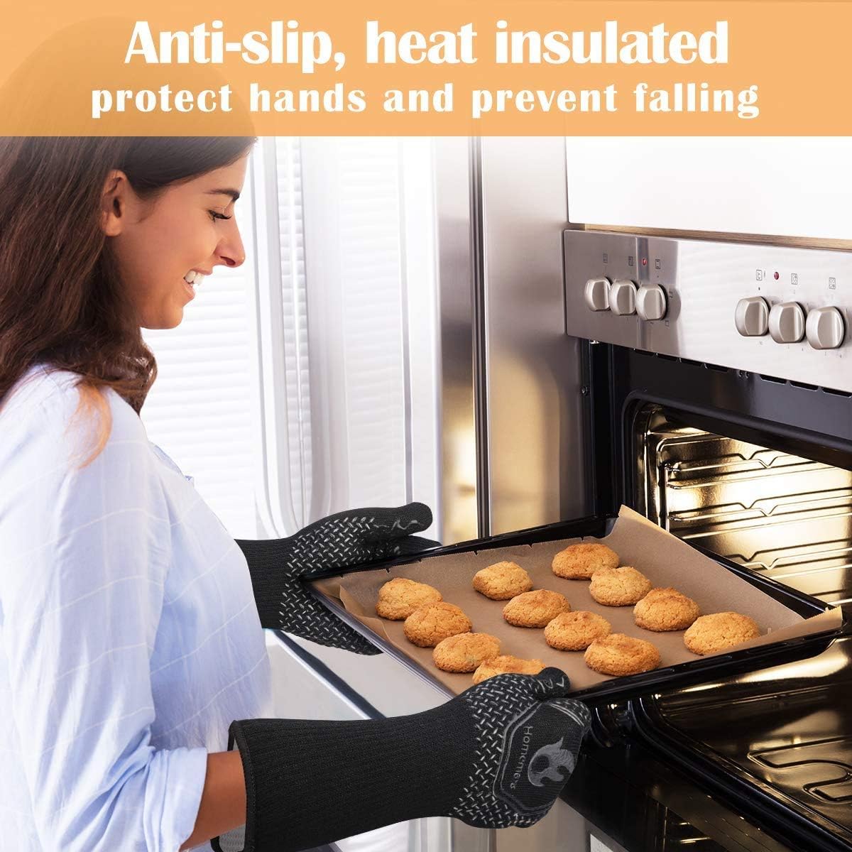 Homemaxs BBQ Gloves 1472℉ Extreme Heat Resistant Grill Gloves, Food Grade Kitchen Oven Mitts, Silicone Non-Slip Cooking Gloves : Garden & Outdoor