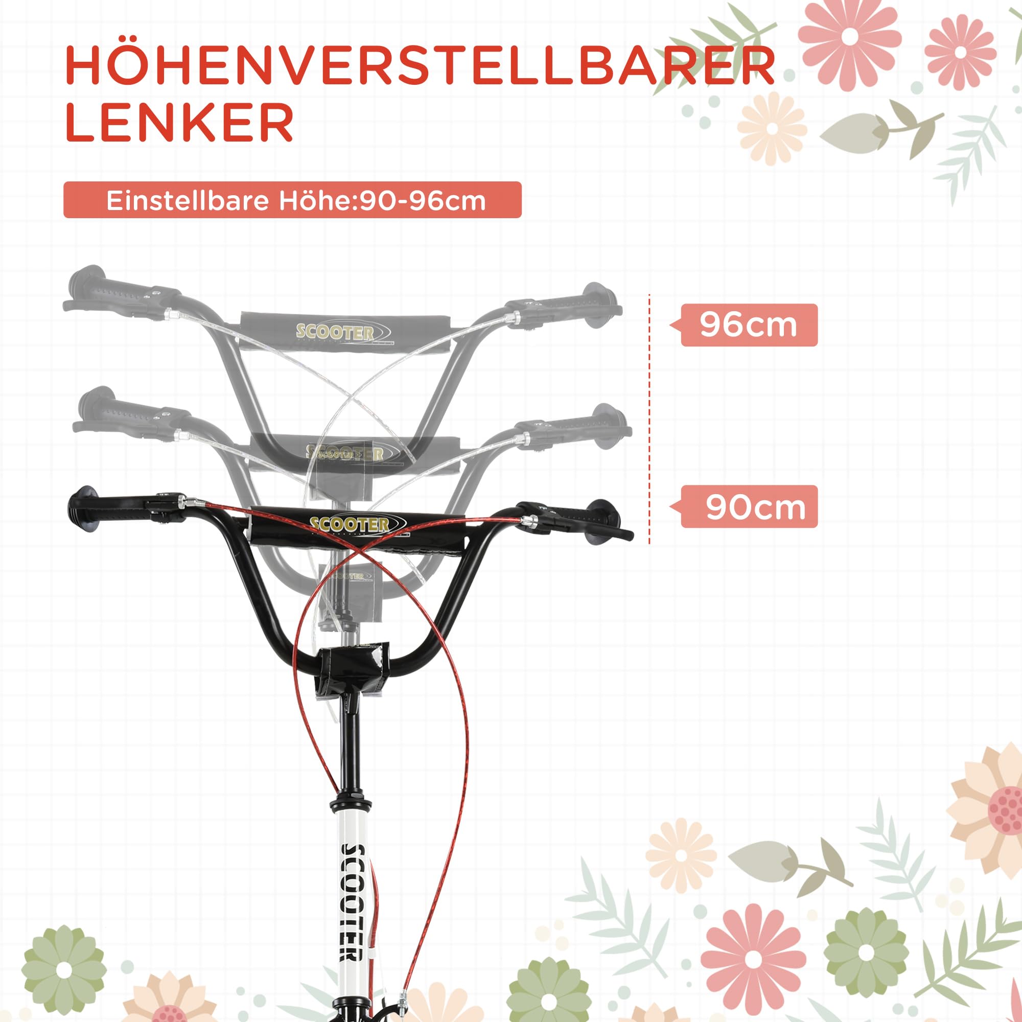 HOMCOM Scooter für Kinder Kinderroller Tretroller mit verstellbarem Lenker, großen Rädern und Handbremse Kickscooter 16 Zoll Cityroller für Jungen und Mädchen ab 5 Jahre Metall Weiß 3