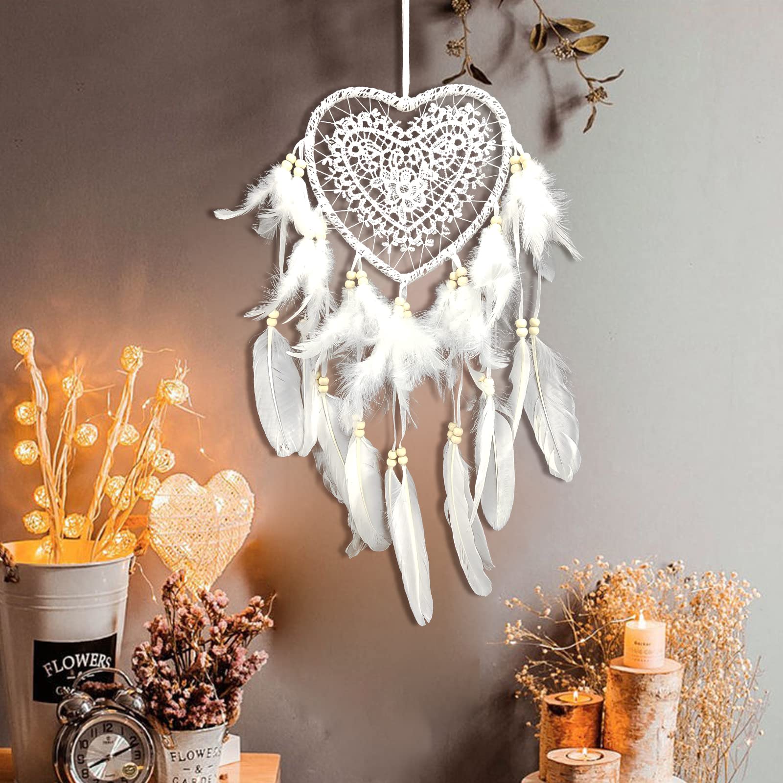 White Heart Dream Catcher, Wall Hanging Feather Dream Catcher Handmade Fairy Dreamcatcher Ornament for Bedroom Wedding Decoration (White)