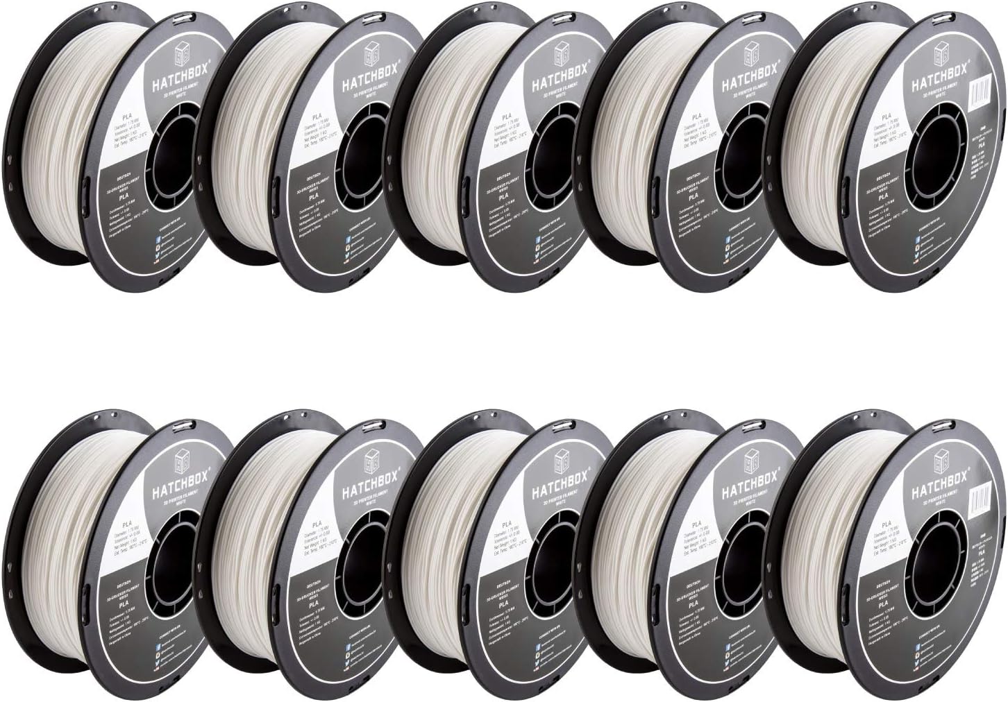 HATCHBOX 1.75mm White PLA 3D Printer Filament - 1kg Spool (2.2 lbs) - Dimensional Accuracy +/- 0.03mm - Pack of 10