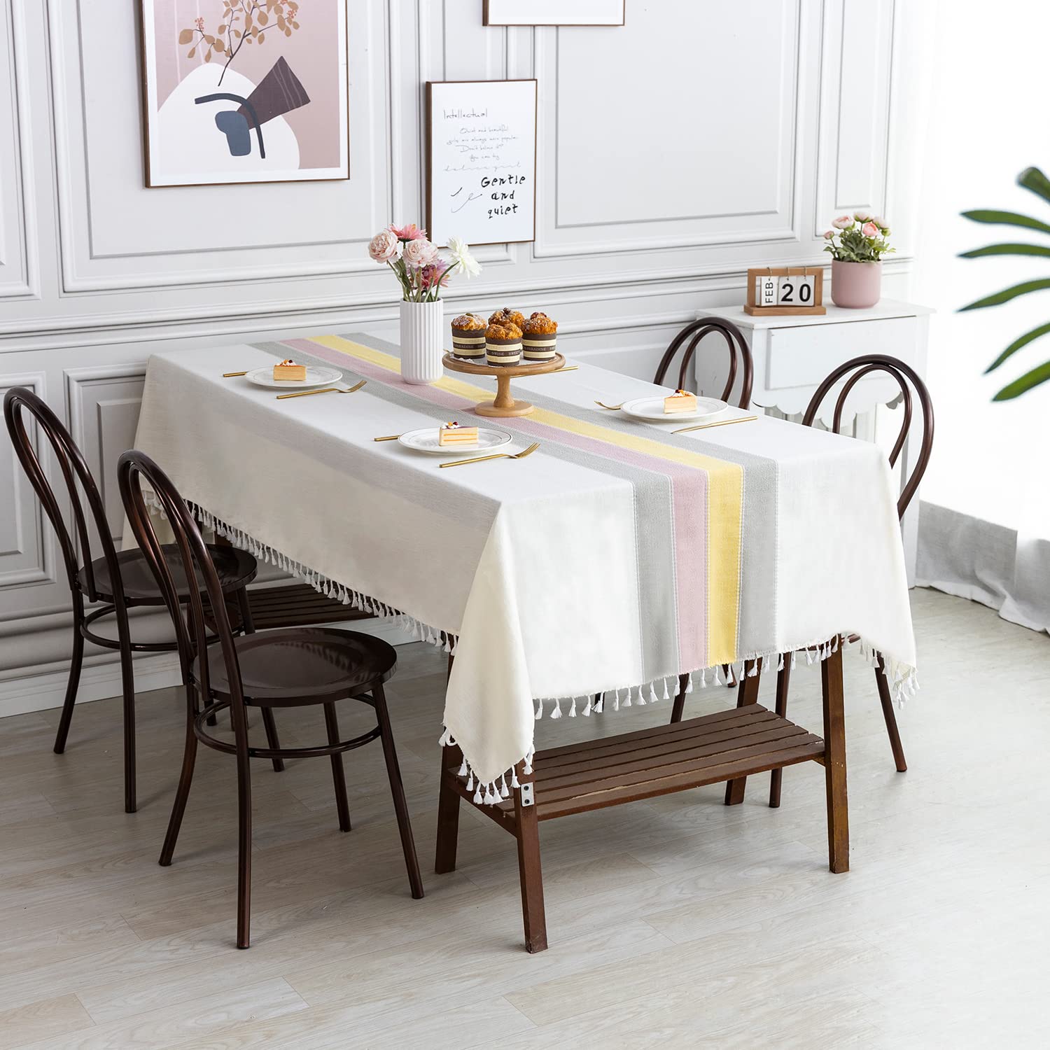 SUNBEAUTY Tablecloth Cover Rectangular Table Cloth Cotton Linen Wipeable with Tassel Fringe Decoration for Kitchen Dining Table (Lemon Yellow, 140x240cm. 55"x94", 8-10 seats)