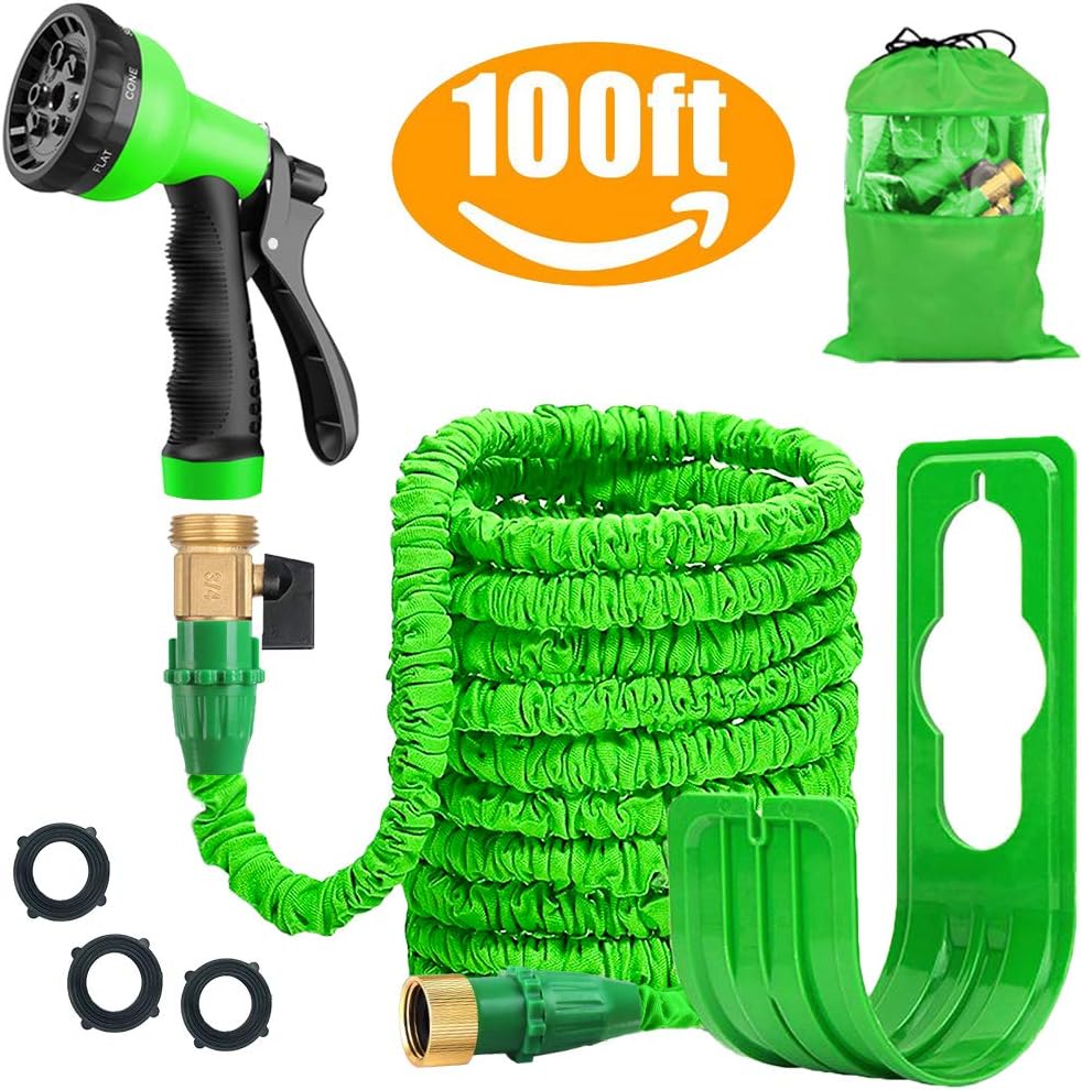 Liwiner Expandable Garden Hose Pipe - Lightweight, Durable& Felxible -Bonus 8 Function Spray Gun/Hose Hanger/Storage Bag/Brass Fittings, Best Choice for Watering and Washing (100FT-Green) : Garden & Outdoor