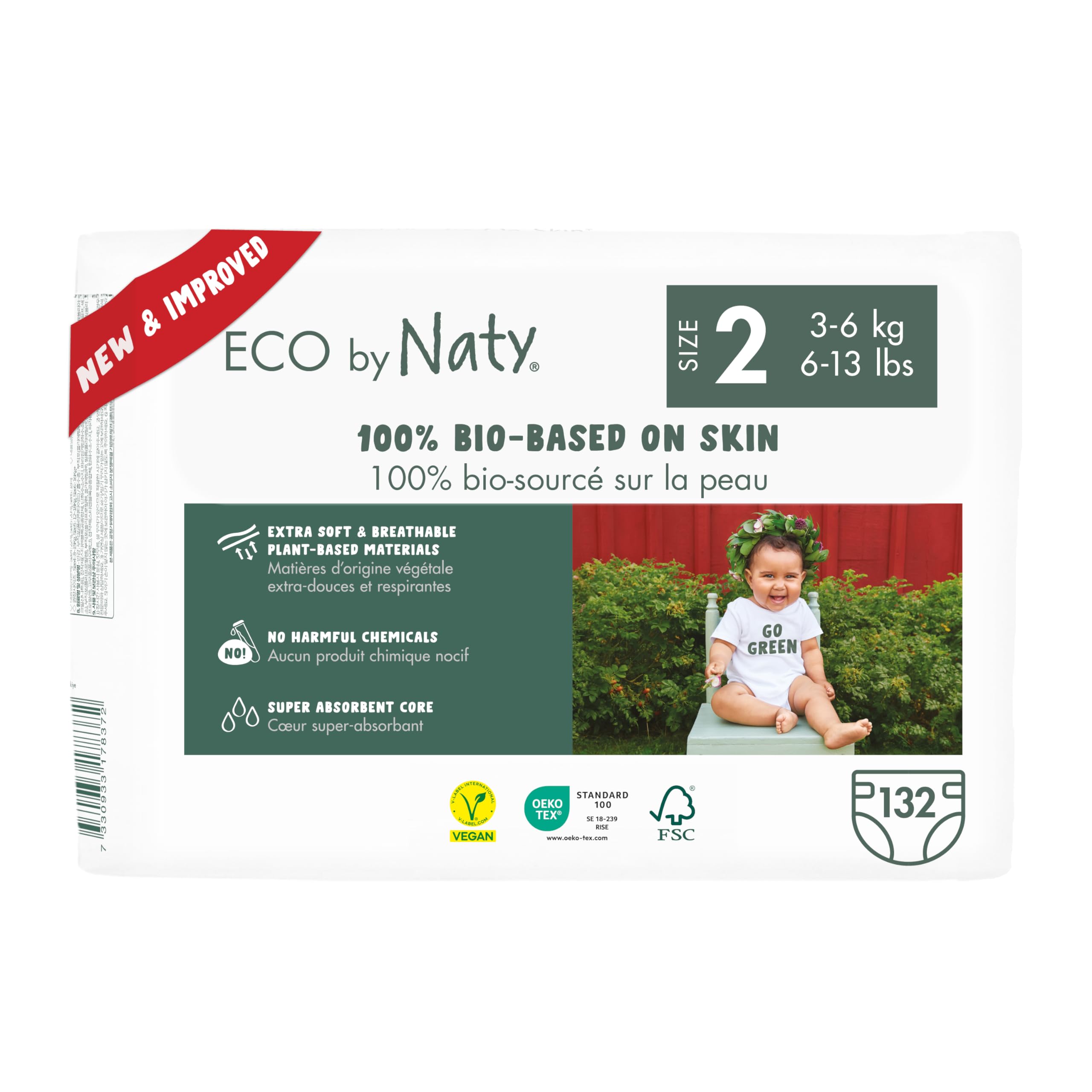Naty Baby Nappies Newborn - 100% Plant-Based Materials on Skin, Extra Soft, for Sensitive Skin & Super Absorbent (Size 2, 132 Count)