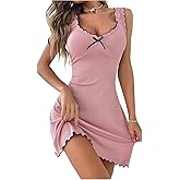 OYOANGLE Women's Ribbed Nightgowns Scoop Neck Lettuce Trim Sleeveless Chemise Bow Sleep Dress