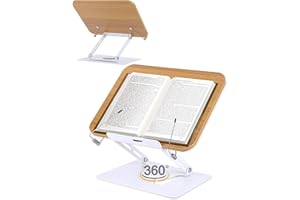 ASIEIT Book Stand for Reading, Adjustable Book Holder with 360° Rotating Base & Elastic Page Clips, Foldable Cookbook Stand, Portable Display Stand for Bible, Recipe, Magazine, Tablet, Laptop, Natural