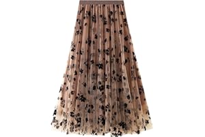 IMISSILLEB Women's Tulle Skirts 3D Floral Embroidery Lace Layered Elastic High Waist Tutu Midi Skirt Pleated Mesh A-Line Skirt