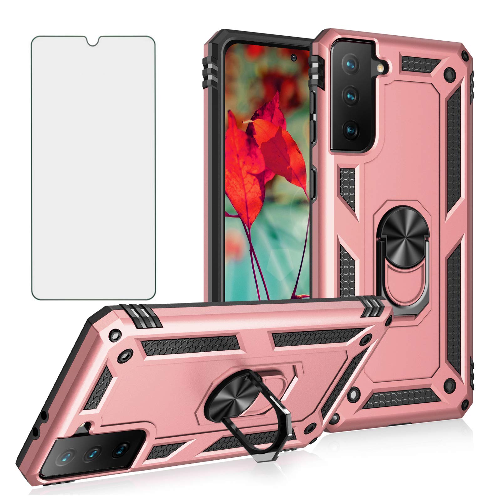 Phone Case for Samsung Galaxy S21 Plus/S30 Plus with Tempered Glass Screen Protector Stand Ring Holder Accessories Heavy Duty Rugged Protective Shockproof Bumper S21Plus S21+ 2021 Girls Boys Rose Gold