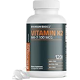 Bronson Vitamin K2 MK-7 100 mcg, K2 as MK7 Menaquinone, 120 Tablets | Helps Transport Calcium to Bones, Biologically Active Longer than Vitamin K1, Non-GMO, Gluten-Free &amp; Soy-Free