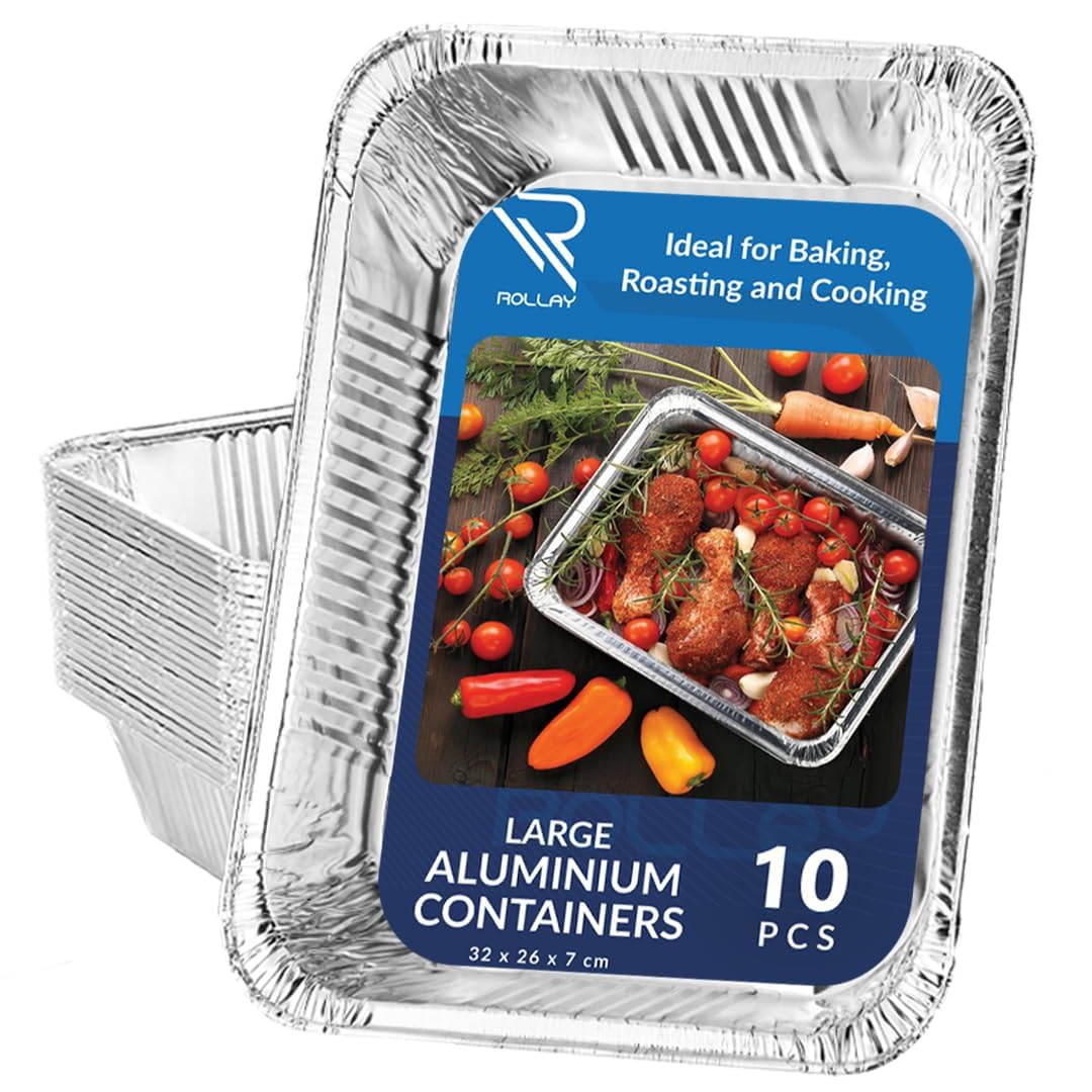 Rollay 10 Pack Large Aluminium Foil Trays Deep (32x26x7 cm) - Tin Foil Trays Containers for Cooking, Baking, Broiling, Roasting, BBQ, and Party (3500ml)