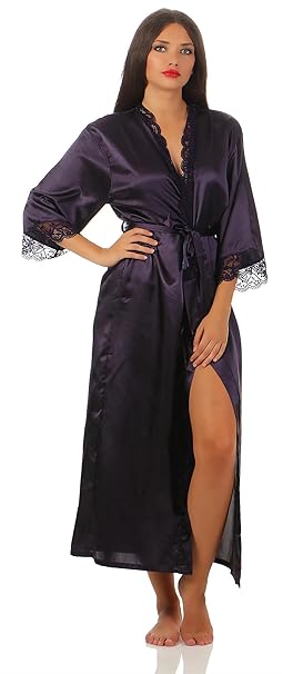 AE Damen langes Kimono Nachtmantel Seidenrobe Morgenmantel Nachtwäsche Dessous Satin Nightwear Reizwäsche mit Spitze Gr. S-XX