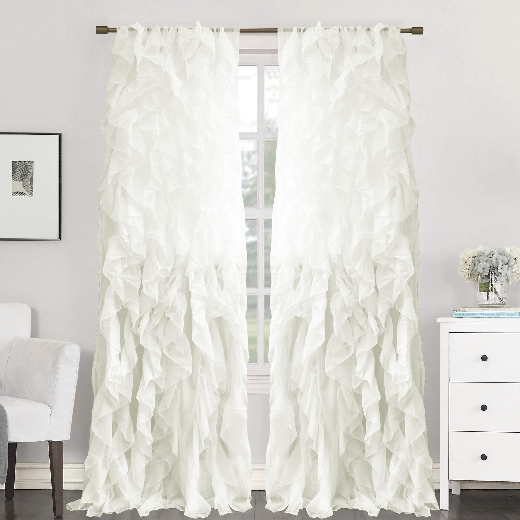 Sweet Home Collection SHRPNL-84-IVR-2PK Sheer Voile Vertical Ruffled Window Curtain Panel 50" X 84", Ivory, 84" x 50", (Pack of 12) Image