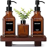 Modern Kitchen Soap Dispenser Set with Wood Tray, Amber Glass Soap Dispensers with Pump, Decorative Hand and Dish Soap Dispenser Set, Soap and Lotion Dispenser Upgrade for Kitchen and Bathroom Decor