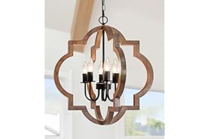 Rviezza 21.65'' Farmhouse Wood Chandelier, 6-Light Rustic Dining Room Light Fixture, Orb Chandelier Light Adjustable Height, Wood Pendant Lighting for Kitchen Island Foyer Living Room Hallway