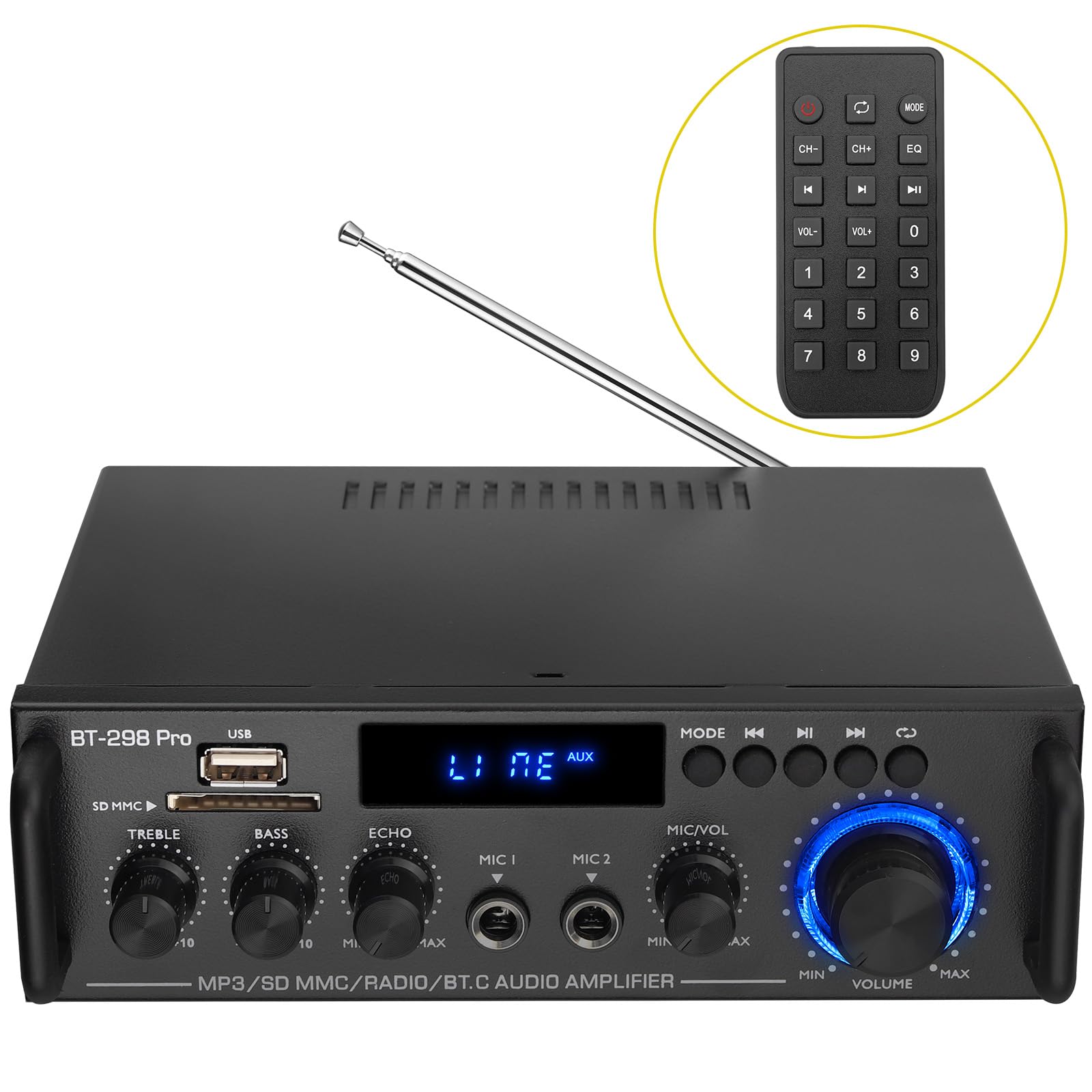 PROZOR Verstärker HiFi Digitaler Audio Verstärker Audio Power Stereo Verstärker AK-45 Receiver Bluetooth 5.0 LCD Display USB2.0/SD-Karteneingang Bässe, Höhen mit Fernsteuerung, für Karaoke, Heimkino