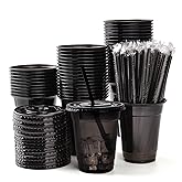 Yicentdp 100 Set Black Plastic Cups with Lids and Straws 12 oz Disposable Drinking Clear Cups for Wedding Black Birthday Party Supplies