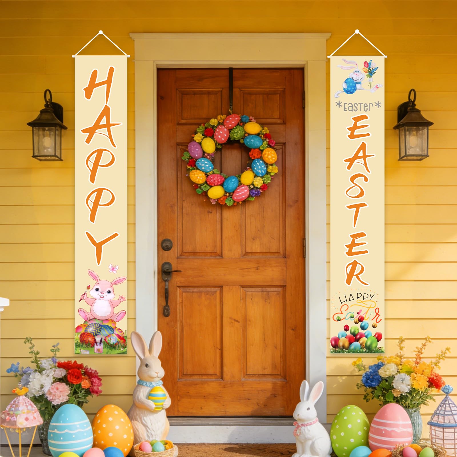 Srotmirw Happy Easter Porch Sign Set, 2PCS Easter Hanging Banner 180x30cm Yellow Rabbit Easter Door Curtain Decoration with Bunny Egg Pattern for Home Front Door Porch Wall Easter Party Decor