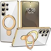 ETPESOK Compatible with Samsung Galaxy S25 Ultra Case with Magnetic Ring Stand [Compatible with Mag-Safe] [Full Camera Lens Protector] Plating Clear Phone Case for S25 Ultra 6.9", Gold