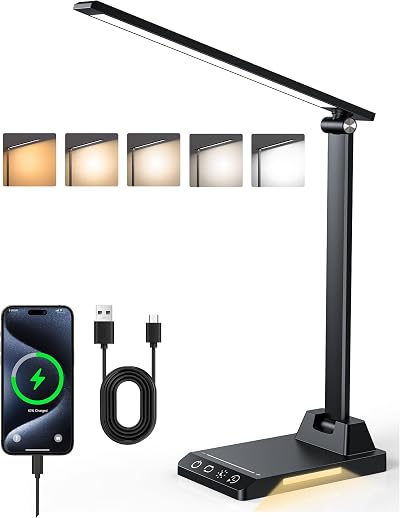 TOPPLEE Desk Lamp Rechargeable 2500mAh 5 Color Temp Dimmable USB Port