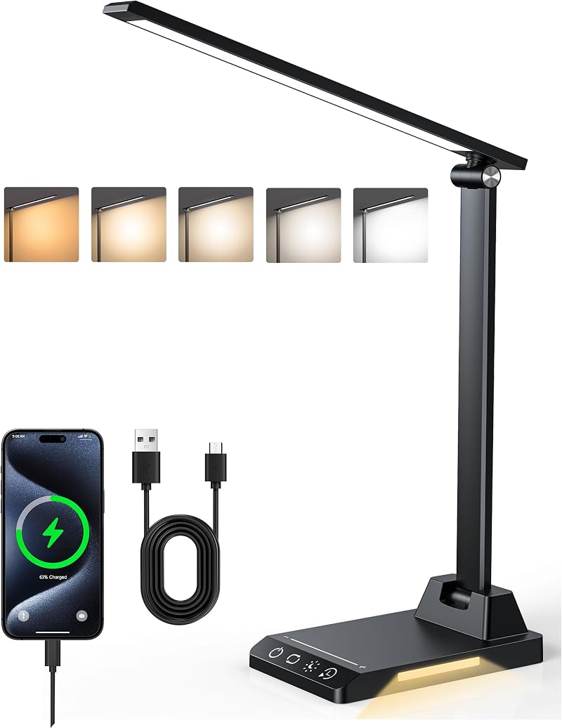 TOPPLEE Desk Lamp Rechargeable 2500mAh 5 Color Temp Dimmable USB Port
