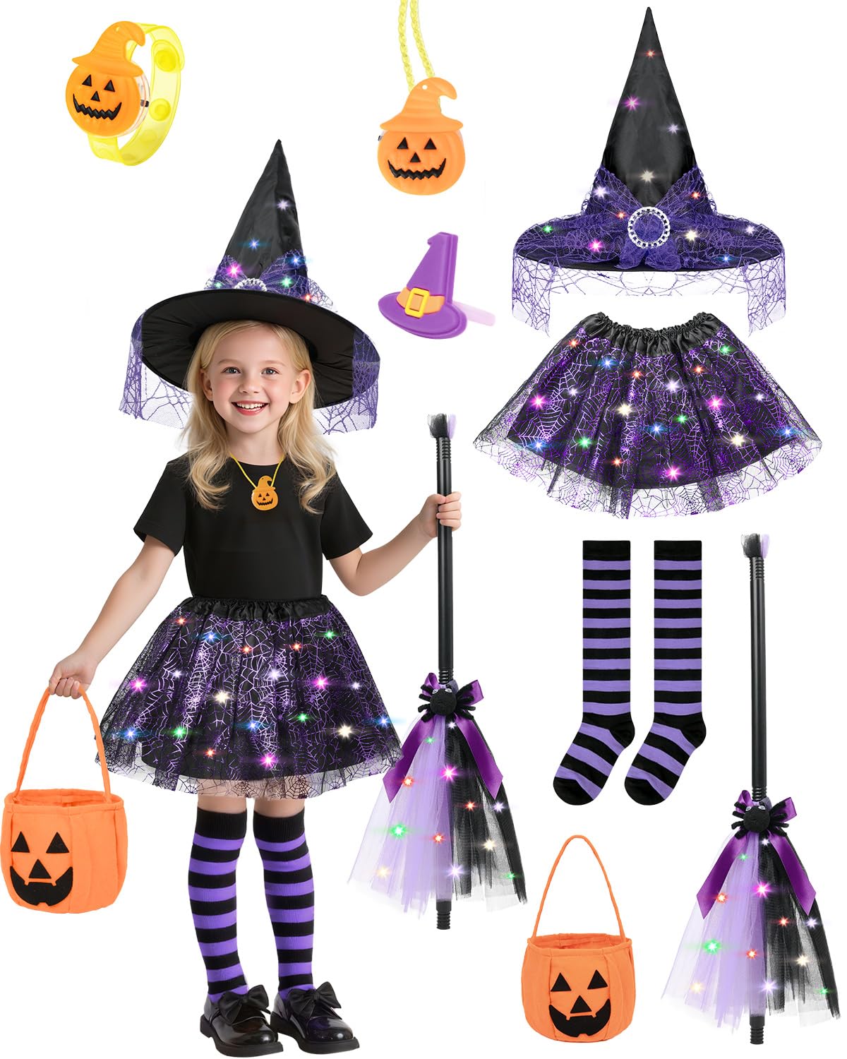Photo 1 of Aileam Toddler Witch Costume Halloween Light up Wizard Witch Girls Dress Hat and Broom Pumpkin Bag Tutu Kids Striped Socks for Hocus Pocus Costume for Toddler