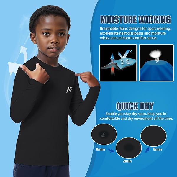 MEETWEE CHILDREN’S BASE LAYER BOYS LONG SLEEVE SHIRT QUICK DRY KIDS THERMAL LONG UNDERWEAR,UPF50+ BOY RASH GUARD SHIRTS
