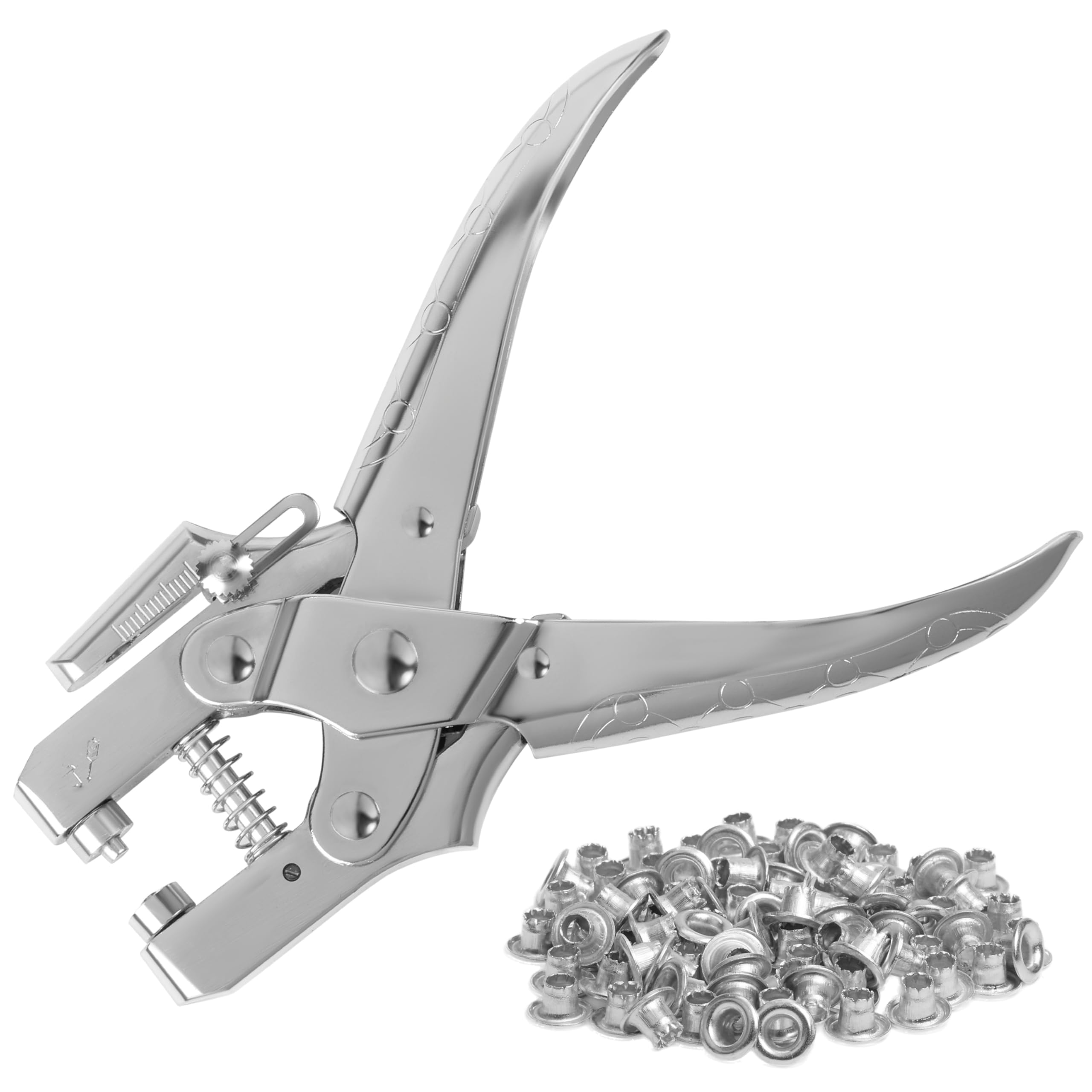 Kurtzy Eyelet Hole Punch Pliers Kit with 100 Silver Eyelets - 16cm/6.3 Inch Leather Belt Grommet Tool - 7.2mm Silver Metal Grommets - Plier Puncher Set for Fabric, Clothes, Shoes, Bags and Crafts
