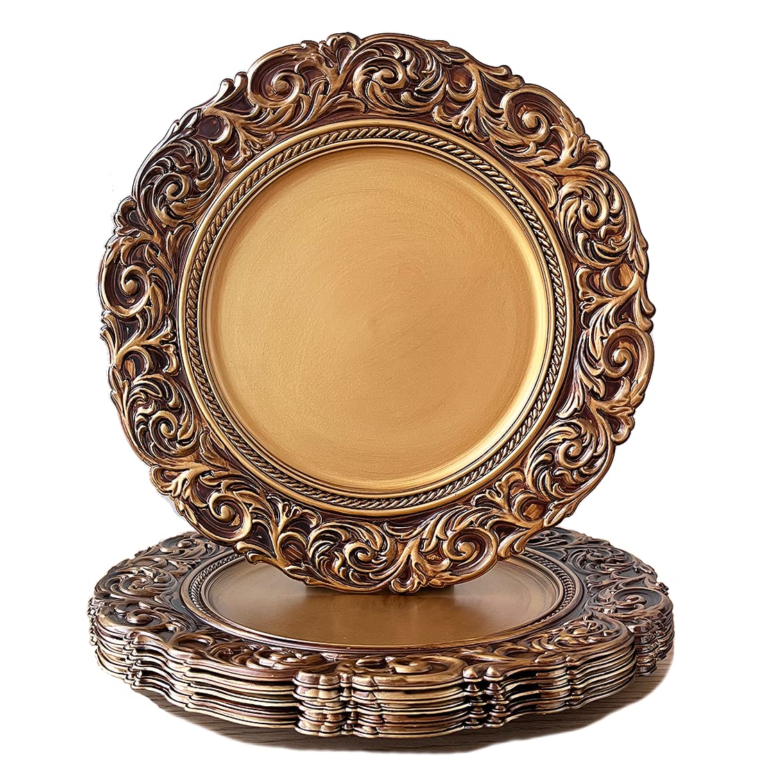Photo 1 of Umisriro Antique Gold Charger Plates, 13 Inch Dinner Plate Chargers Round Server Ware. Set of 6 Plastic Embossed Charger for Dinner, Wedding, Elegant Tableware Decor