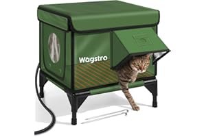 WAGSTRO Heated Cat House for Outside, Insulated Weatherproof Heated Outdoor Cat House with Waterproof Eaves & Escape Door, Elevated Outdoor Cat Shelter for Feral Stray Cat (Green, 16.5"x12.6"x16.9")