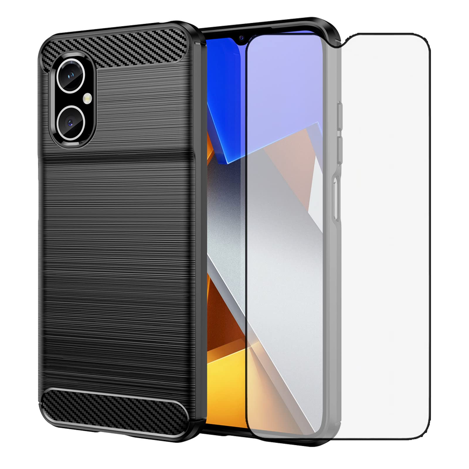Compatible with Xiaomi Redmi Note 11E 5G/Redmi 10 5G/Redmi 10 Prime+ 5G/Mi Poco M4 5G Phone Case and Tempered Glass Screen Protector with Shockproof Soft Slim Silicone Carbon Fiber for Women Men Black