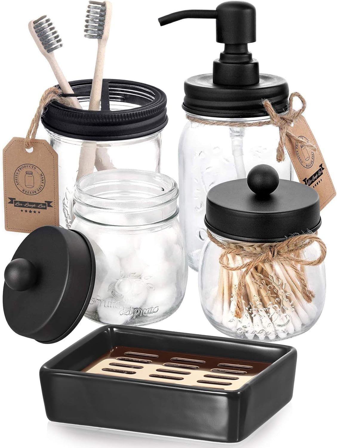 Mason Jar Bathroom Accessories Set 5 Pcs Mason Jar Soap Dispenser & 2 Apothecary Jars