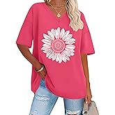 ADOREJOY Oversized Tshirts for Women V Neck Summer Graphic Tees Casual Short Sleeve Loose Tops