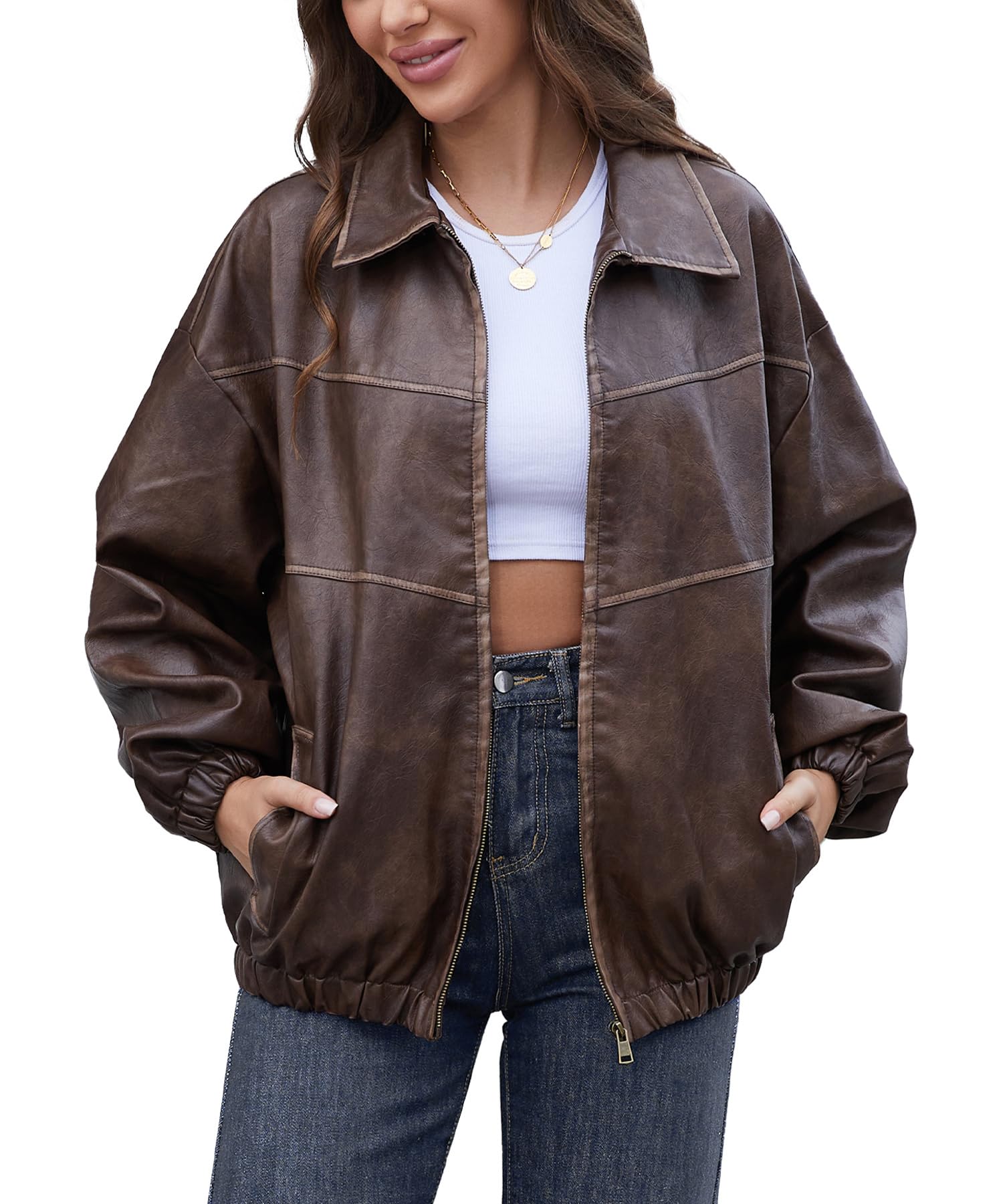 Photo 1 of Bakyarder Womens Oversized Y2K Faux Leather Jackets Vintage Plus Size Fashion Motorcycle Coats Fall Fashion Outfits 2025 Coffee Medium