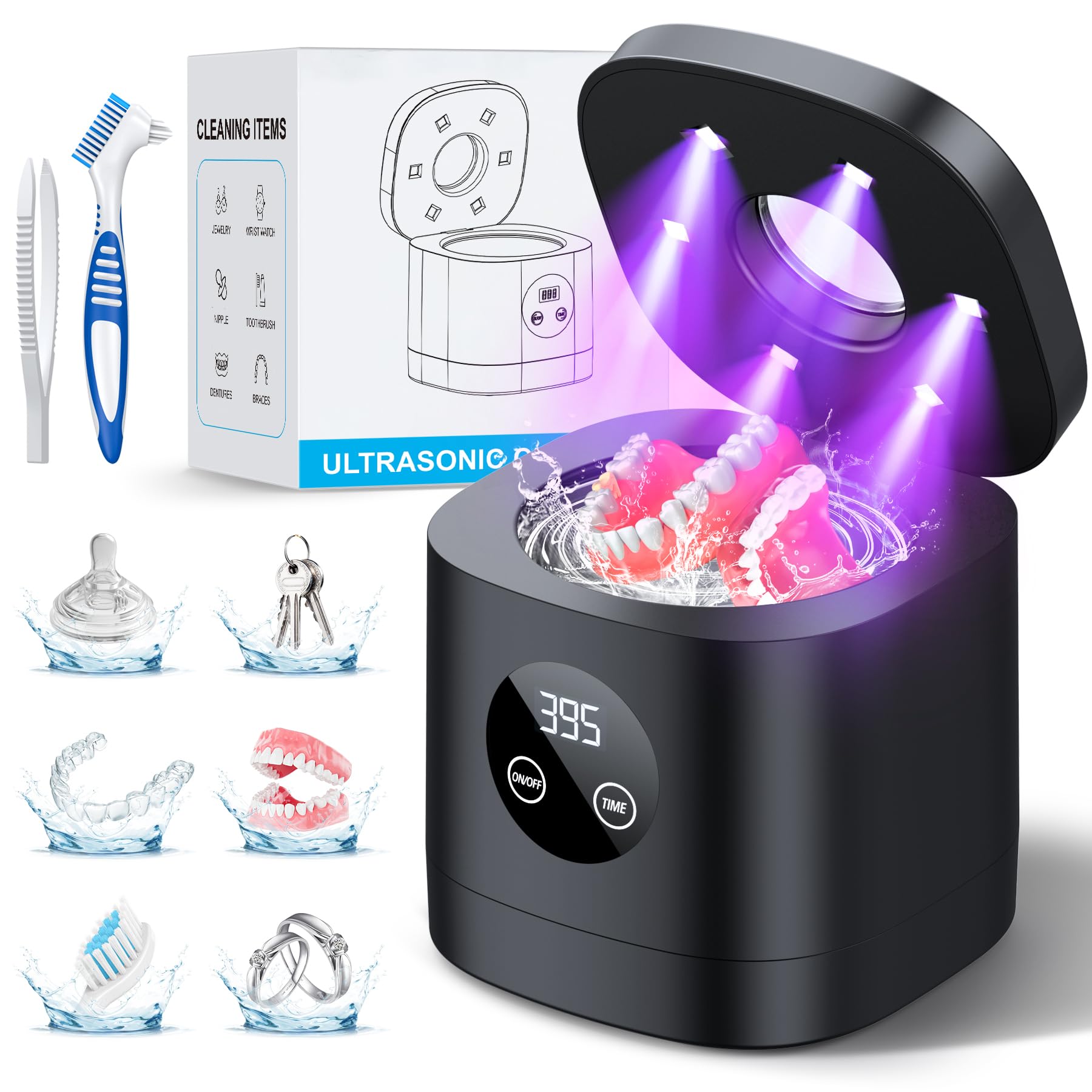 Photo 1 of TEBAL Ultrasonic Retainer Cleaner Machine, 52kHz Ultrasonic Denture Cleaner for Night Guards, Braces, Toothbrush Heads, Jewelry and More, Ultrasonic Cleaner for Retainers with 250ML Capacity, Black