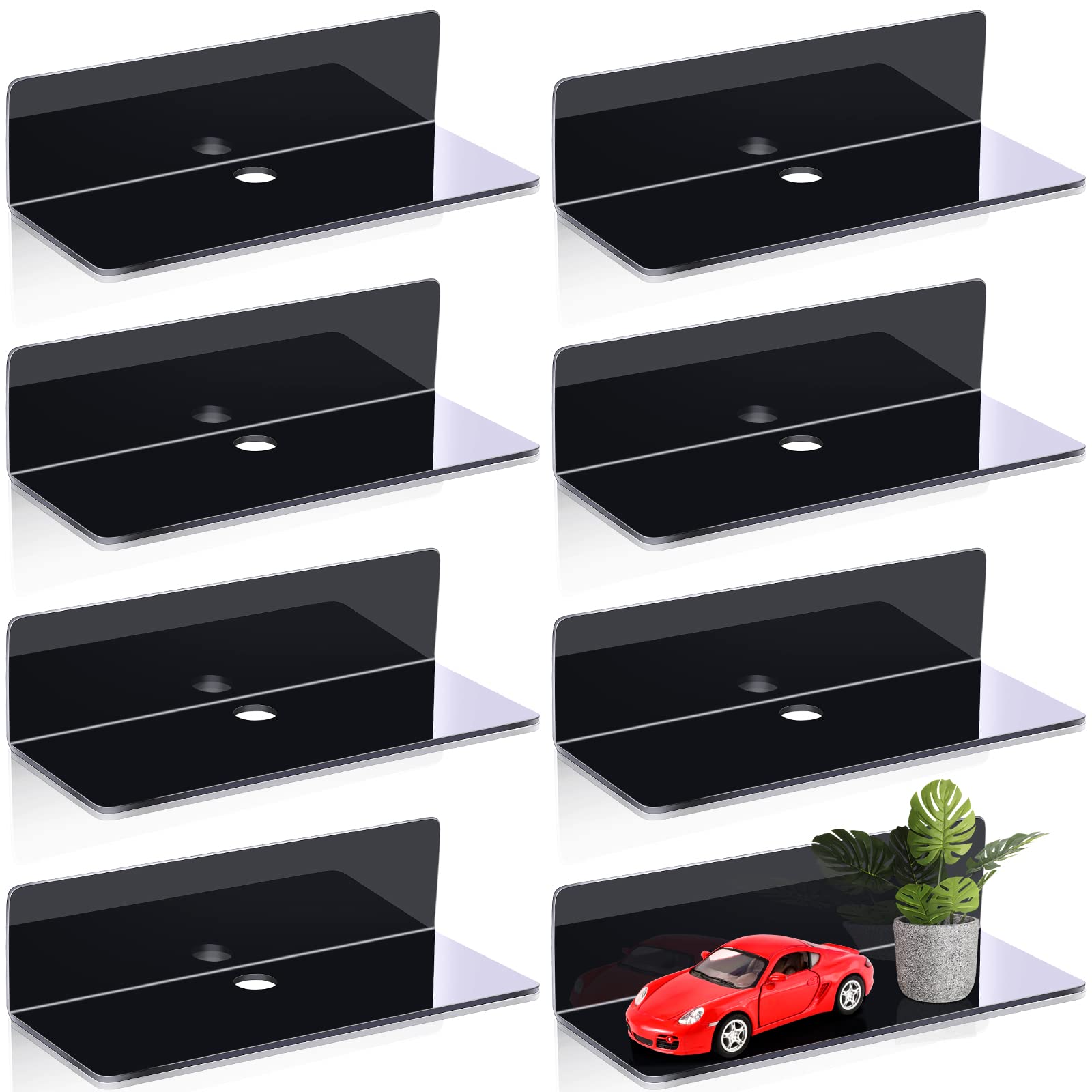 Photo 1 of Maitys 8 Pcs Acrylic Floating Shelves 9 Inches Adhesive Wall Mounted Shelves No Drill Hanging Acrylic Wall Display for Living Room Bathroom Bedroom Kitchen Office(Black)