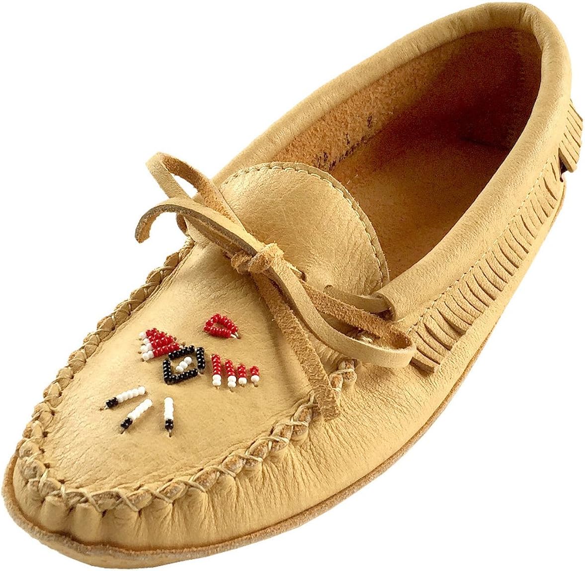 Laurentian Chief Women's Beaded Fringed Soft Sole Moosehide Leather Moccasins (7) Natural Cream